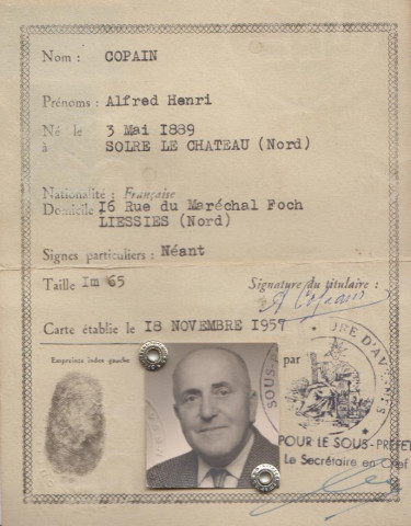Carte d'identité d'Alfred Copain né le 3 mai 1889 à Sobre le Château