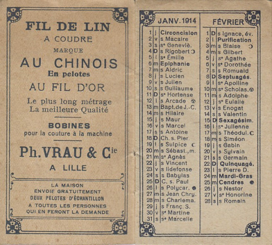 Calendrier 1914 " Fil au chinois "