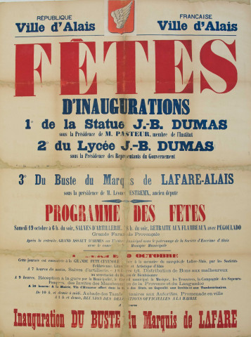 Fêtes d'inauguration de la statue de Jean- Baptiste Dumas, du lycée et du buste du marquis de Lafare-Alais