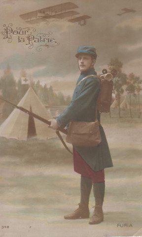 " Pour la Patrie ". Carte postale envoyée des tranchées par le sergent G. Larguier à son épouse et ses enfants [Louis, Jeanne, Alice, Marcelle]