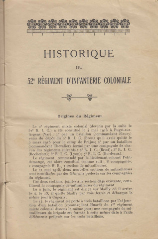 Campagne 1914-1918. Historique du 52ème Régiment d'Infanterie Coloniale