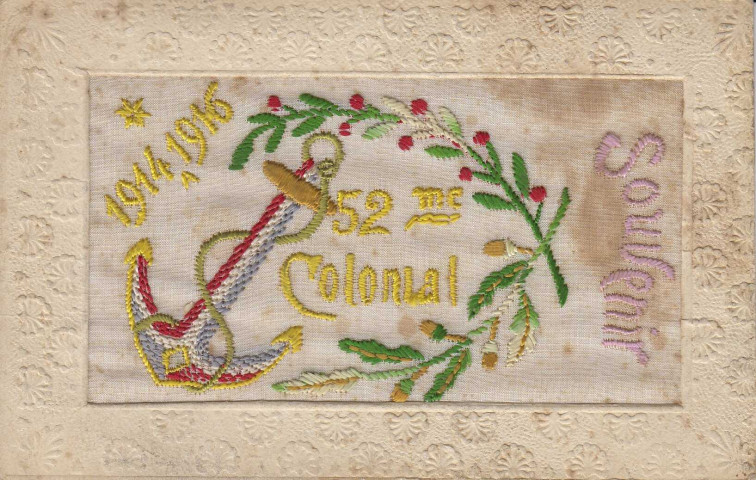 Carte souvenir du 52ème Colonial 1914-1916 envoyée par Aimé Roudil à sa mère