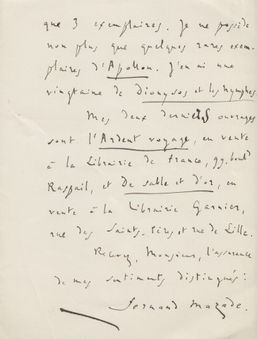 Lettre autographe signée du poète Fernand Mazade sur la publication de ses derniers ouvrages