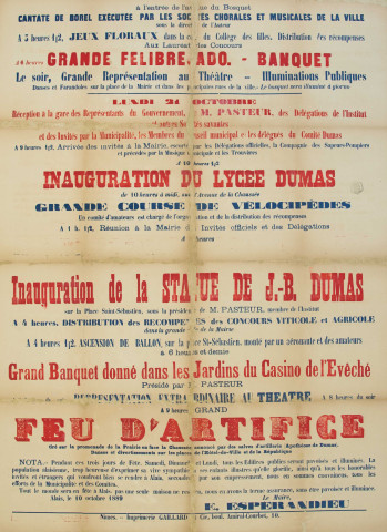 Fêtes d'inauguration de la statue de Jean- Baptiste Dumas, du lycée et du buste du marquis de Lafare-Alais