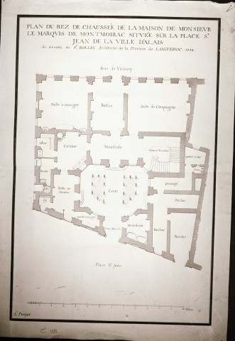 Plan du rez-de-chaussée de la maison de Monsieur le Marquis de Montmoirac située sur la place Saint-Jean de la Ville d'Alais. 2ème projet