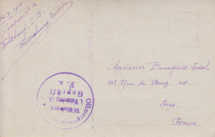 Carte postale envoyée à Madame Bourgeois Loisel, Paris. Souvenir de Wulzburg I.B. Weissenburg, Bavière
