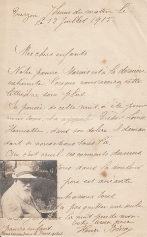 Lettre envoyée par Henri Biva de Vierzon à sa fille Louise et à son mari pour annoncer la mort de Marius