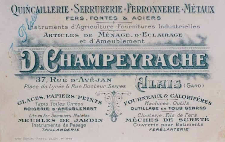 D. Champeyrache - quincaillerie, 37 rue d'Avéjan, place du lycée et rue docteur Serres