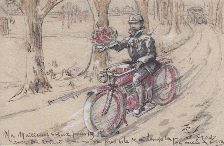 Carte postale dessinée par Lucien Biva et adressée à sa petite nièce pour la nouvelle année