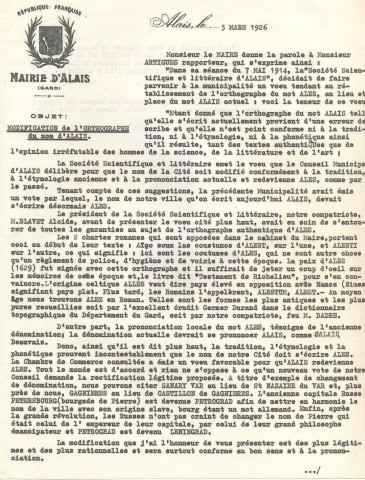Décret relatif à la modification de l'orthographe du nom Alais, signé Gaston Doumergue