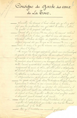 Consigne du garde des eaux de la Tour