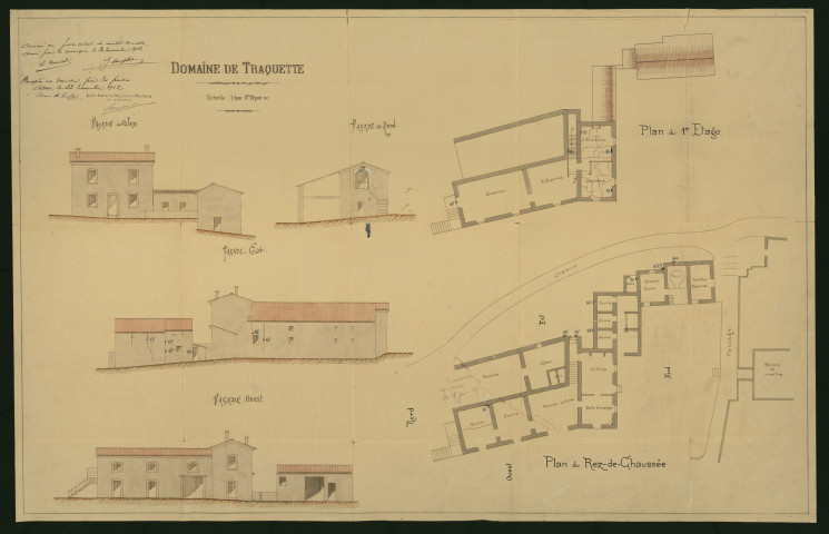 Domaine de Traquette : plans et coupe de la ferme