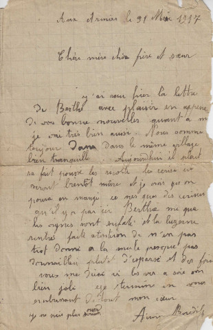 Lettre de Berthe à son frère Aimé Roudil, envoyée de Brissac le 25 mai 1917 suivie de la réponse aux Armées d'Aimé Roudil à sa mère, son frère et sa soeur