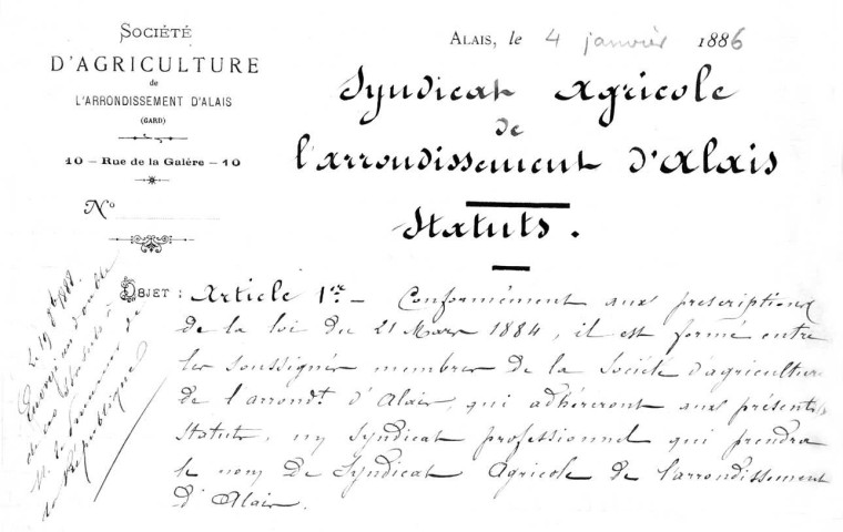 Déclarations de sociétés et statuts. Demandes d'autorisation pour la constitution régulière d'une association.