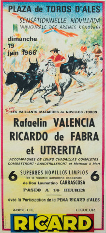 Arènes : Historique. Cession du droit au bail du locataire des arènes (1947). Travaux d'aménagement : emprunt, liste des souscripteurs, correspondance avec les entrepreneurs (1966). Inauguration les 18 et 19 juin 1966 : affiches, programme, invitation, menu. Temporada (1967). Règlement taurin municipal ([s.d.], 1987)