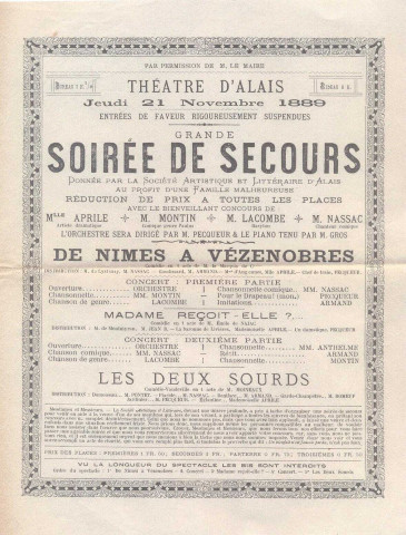 Théâtre municipal : Fonctionnement, personnel, tournées, aménagement, avec une copie de programme pour une grande soirée de secours 21/11/1889