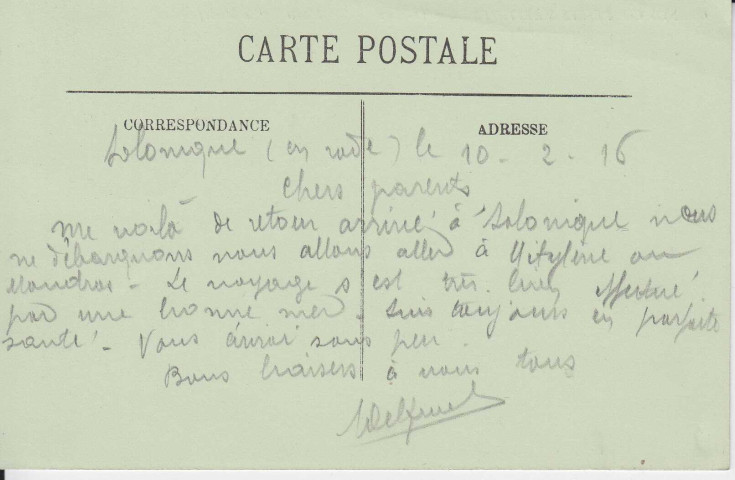 " Nos courriers maritimes. Théodore Mante ". Carte postale envoyée par Alfred Delpuech, de retour à Salonique, à ses parents