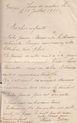 Lettre envoyée par Henri Biva de Vierzon à sa fille Louise et à son mari pour annoncer la mort de Marius
