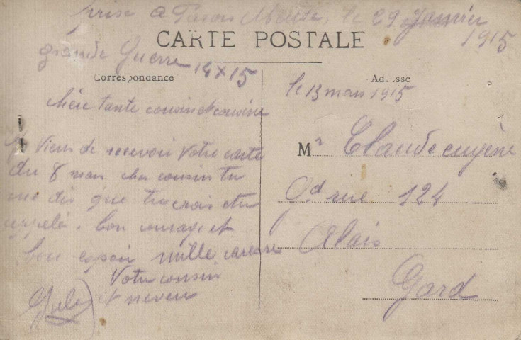 Groupe de poilus dont Jules Rivière : Carte envoyée à sa tante, cousin et cousine