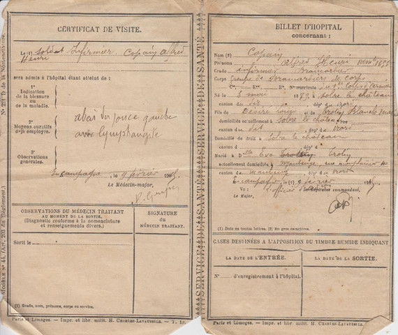 Billet d'hospitalisation et certificat de visite