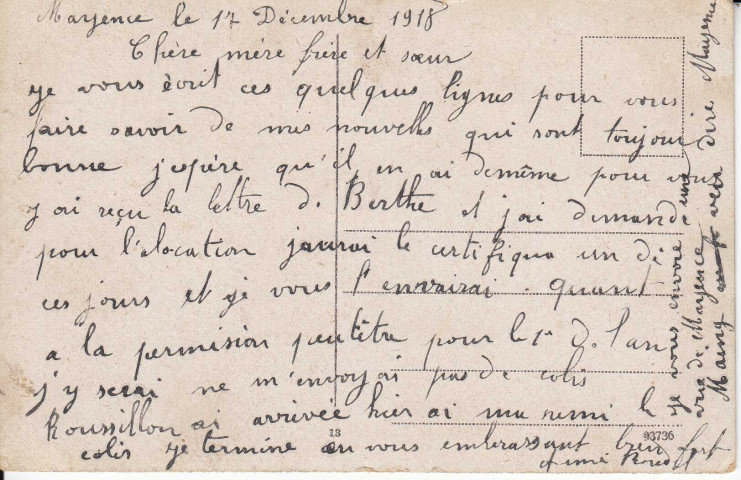 Carte postale de Mayence envoyée par Aimé Roudil à sa mère, son frère et sa soeur