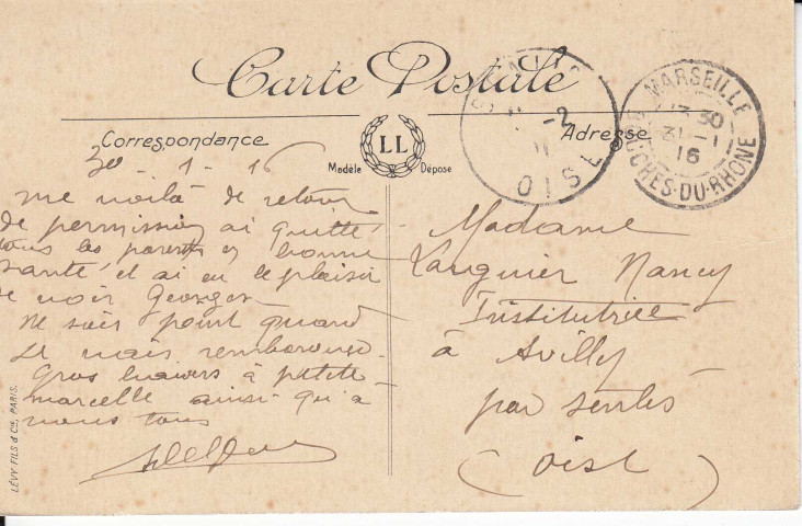 Marseille. La cathédrale et le fort Saint-Jean. Carte postale envoyée par Alfred Delpuech, de retour de permission, à Nancy Larguier, institutrice à Avilly par Senlis
