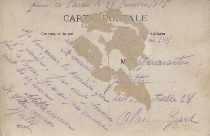 Groupe de poilus dont Jules Rivière : Carte envoyée à sa cousine à Alais